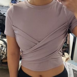 Wrap styled tie back ribbed top in lavender